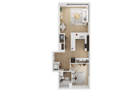 Floor plan for 1 bed, 1 bath, 742 sqft
